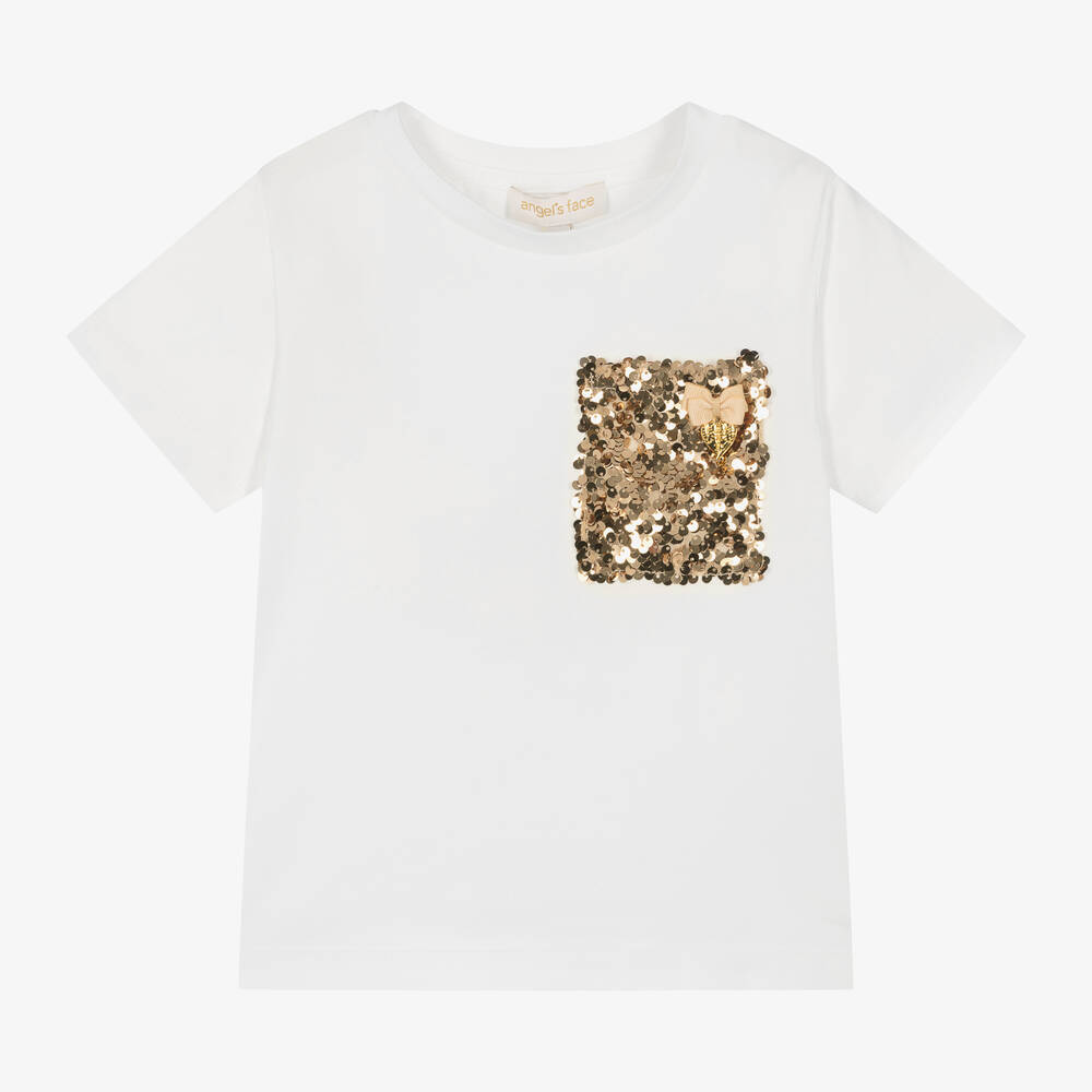 Angel's Face-Girls Ivory Cotton Sequin T-Shirt | Childrensalon Outlet