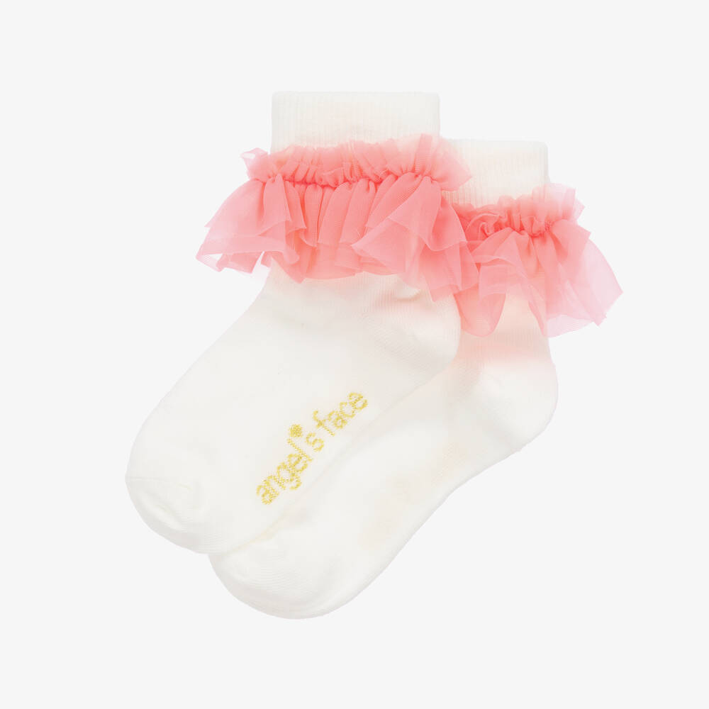 Angel's Face-Girls Ivory & Pink Ruffle Ankle Socks | Childrensalon Outlet