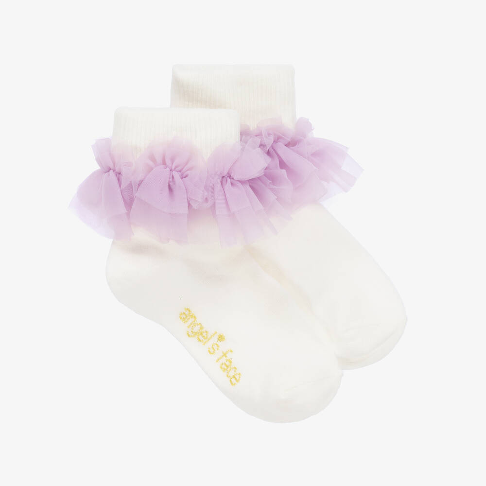 Angel's Face-Girls Ivory & Purple Ruffle Ankle Socks | Childrensalon Outlet