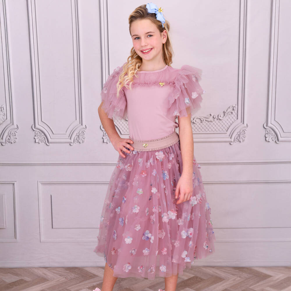 Angel's Face-تنورة تول وردية مزينة بالزهور للبنات | Childrensalon Outlet