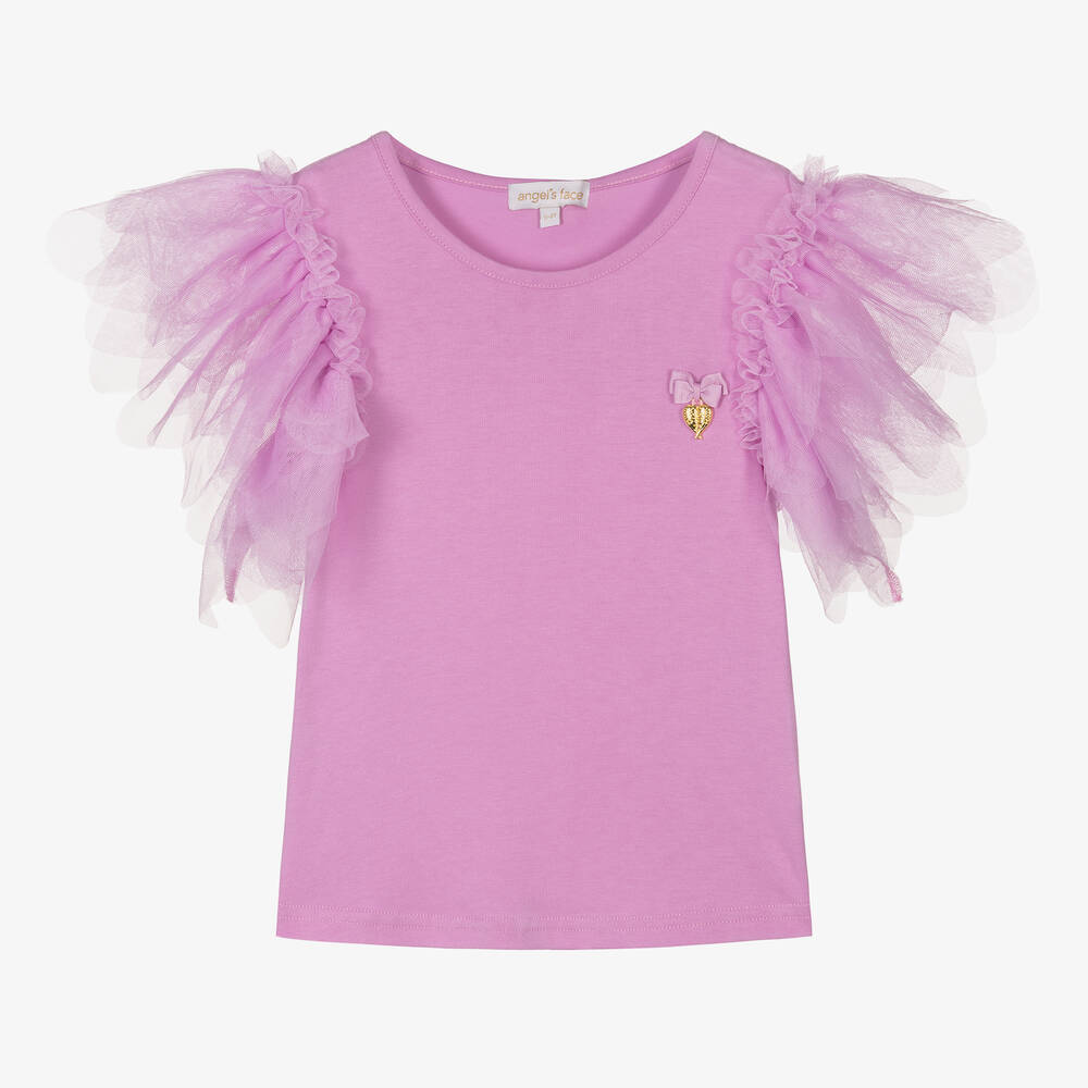 Angel's Face - Girls Lilac Tulle Sleeve Top | Childrensalon
