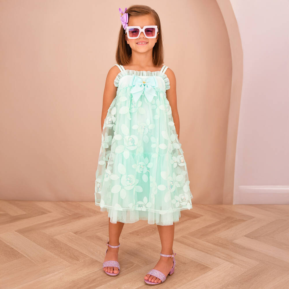 Angel's Face-Платье из мятного тюля с пайетками и бантом для девочек | Childrensalon Outlet