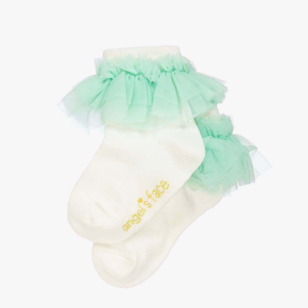 Angel's Face-Girls Mint & Ivory Frilled Socks | Childrensalon Outlet