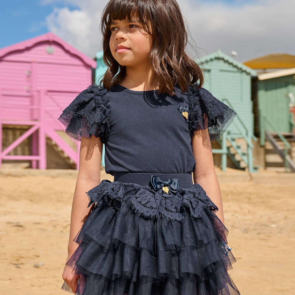 Angel s Face Girls Navy Blue Lace Sleeve Top Childrensalon Outlet