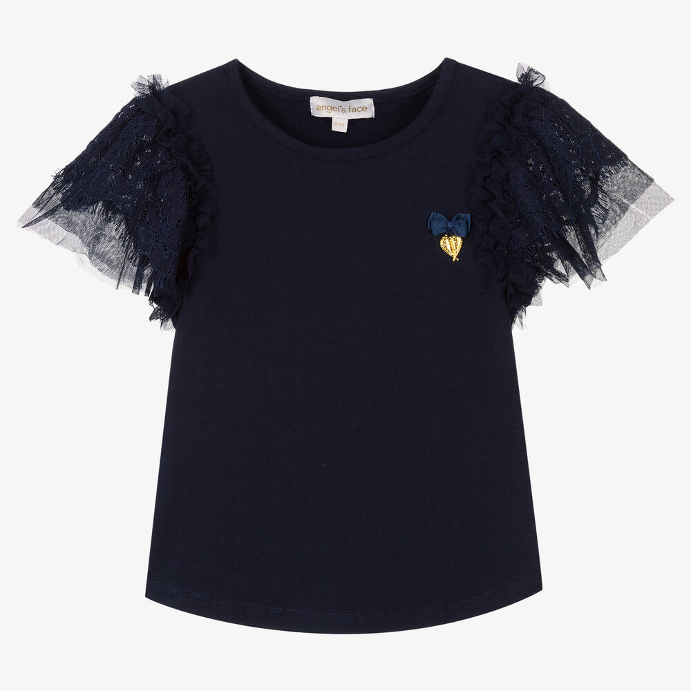 Angel's Face - Girls Navy Blue Lace Sleeve Top | Childrensalon