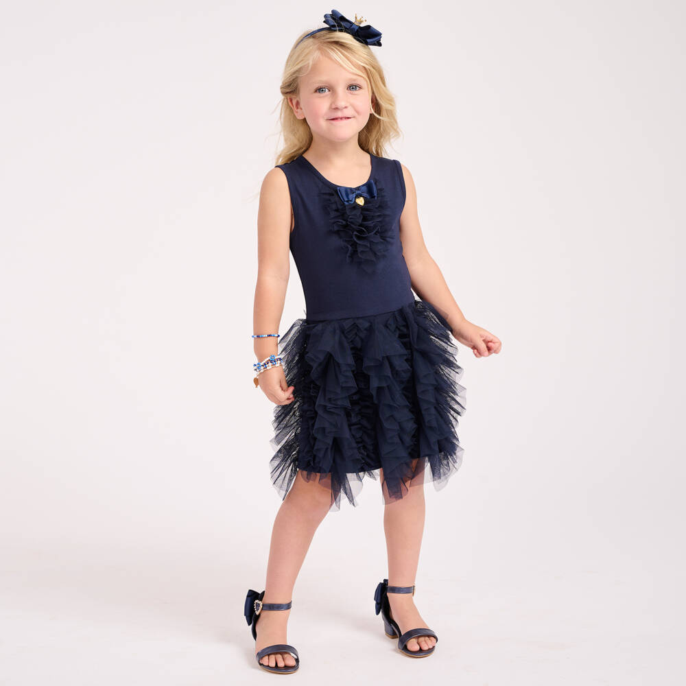 Angel's Face-Girls Navy Tulle Ruffle Gown | Childrensalon Outlet