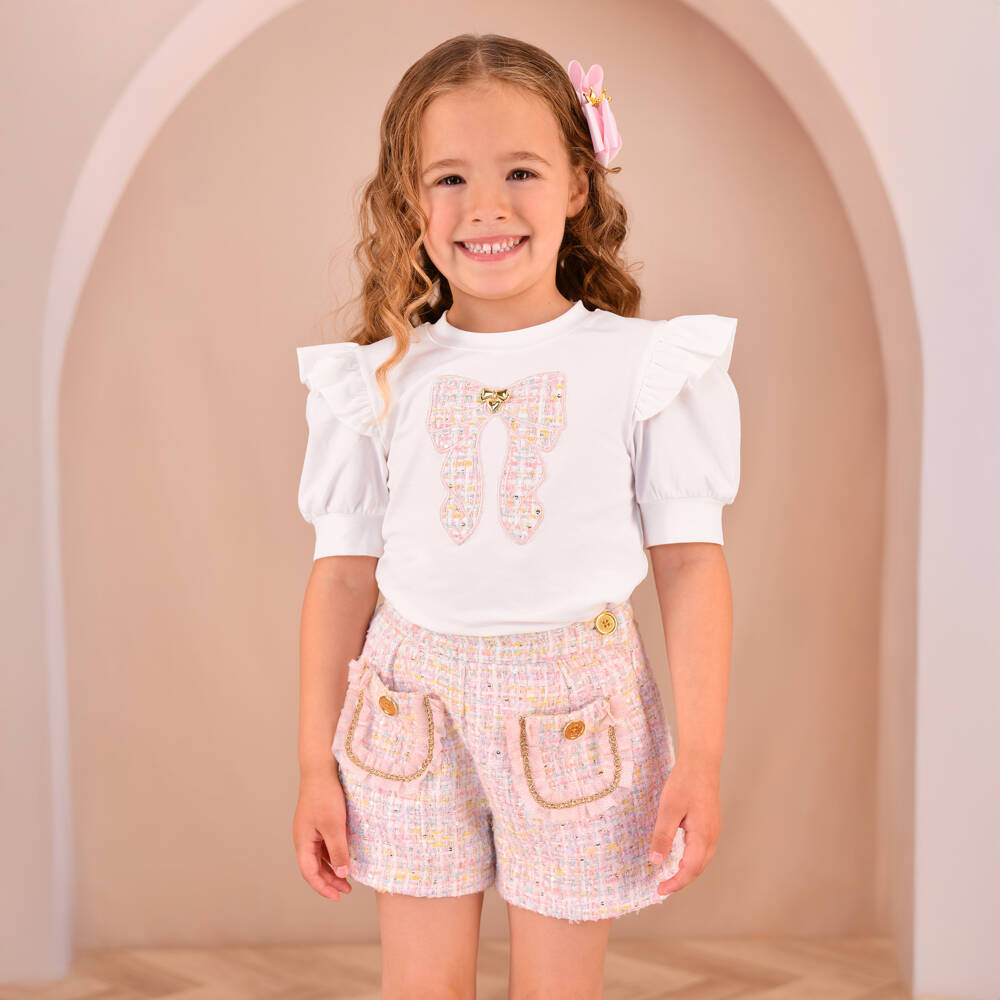 Angel's Face-Girls Off-White Cotton Jersey T-Shirt with Pink Tweed Bow | Childrensalon Outlet