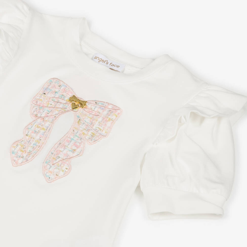 Angel's Face-Girls Off-White Cotton Jersey T-Shirt with Pink Tweed Bow | Childrensalon Outlet