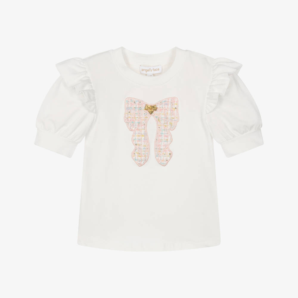 Angel's Face-Girls Off-White Cotton Jersey T-Shirt with Pink Tweed Bow | Childrensalon Outlet