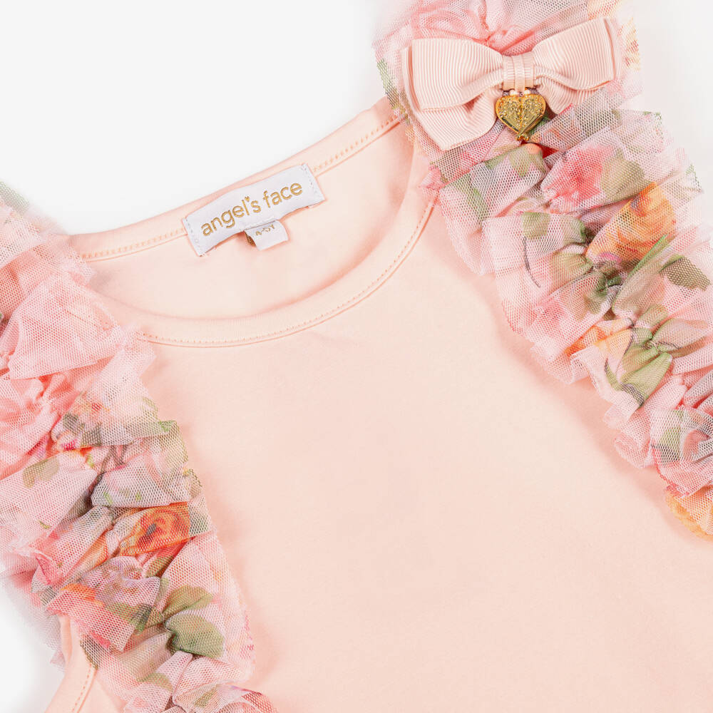 Angel's Face-Персиковый топ из хлопка с оборками из тюля для девочек | Childrensalon Outlet