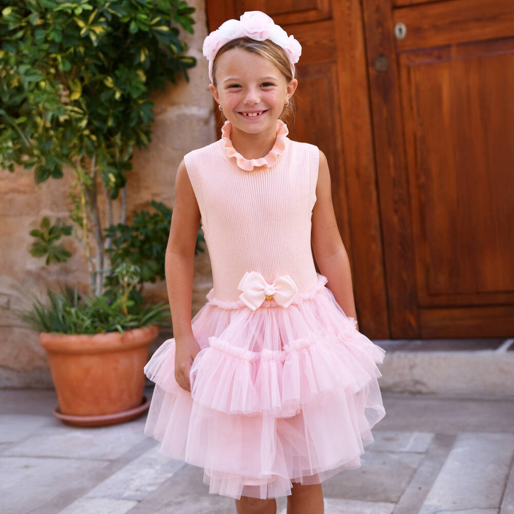 Angel's Face-فستان بناتي بلون خوخي من التول المحبوك | Childrensalon Outlet