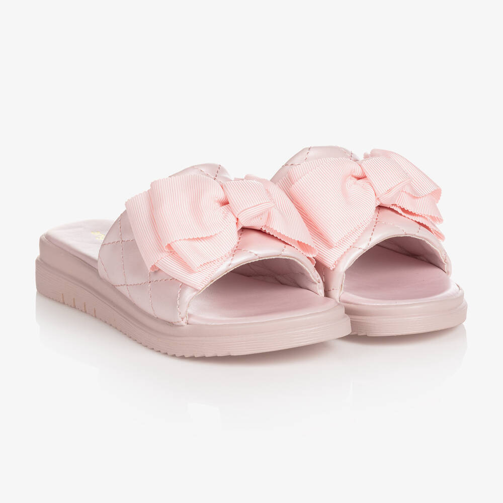 Angel's Face - Girls Pink Bow Quilted Sliders | Childrensalon