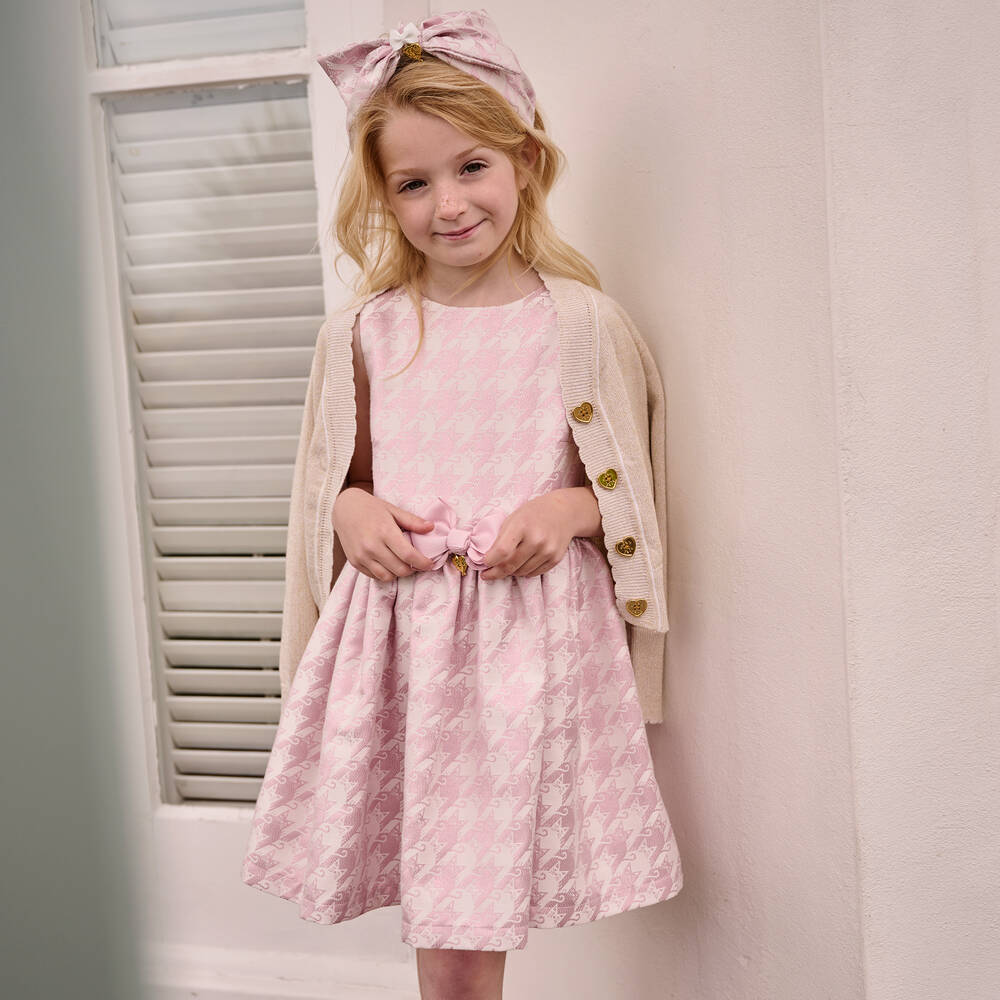 Angel's Face - Girls Pink Cat Houndstooth Jacquard Dress
