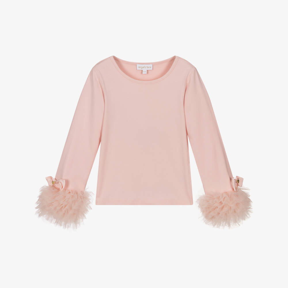 Angel's Face-Girls Pink Cotton Jersey Top with Tulle Cuffs | Childrensalon Outlet