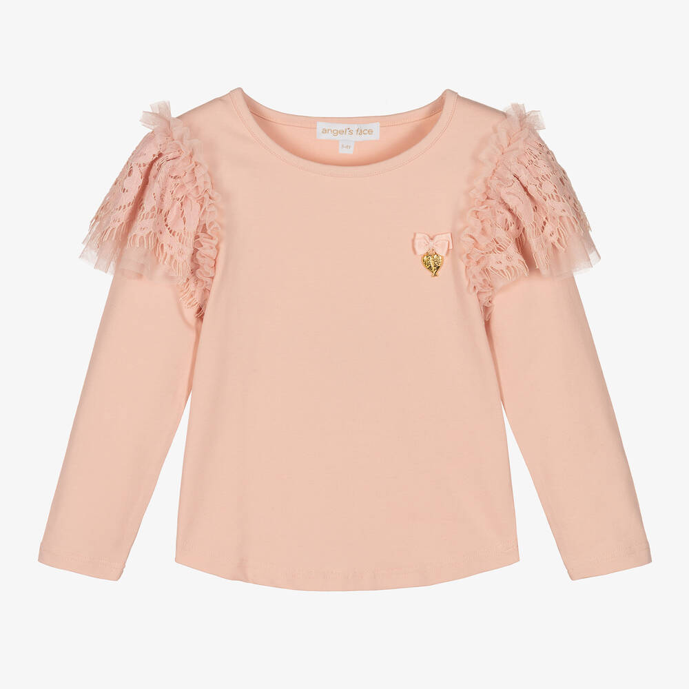 Angel's Face - Girls Pink Cotton Lace Trim Top | Childrensalon