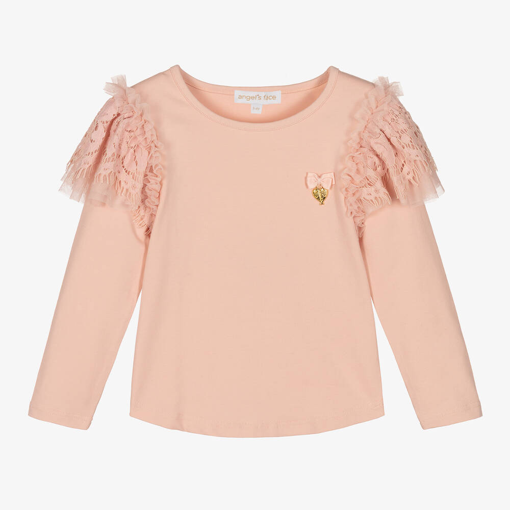 Angel's Face - Haut rose en coton à dentelle fille | Childrensalon