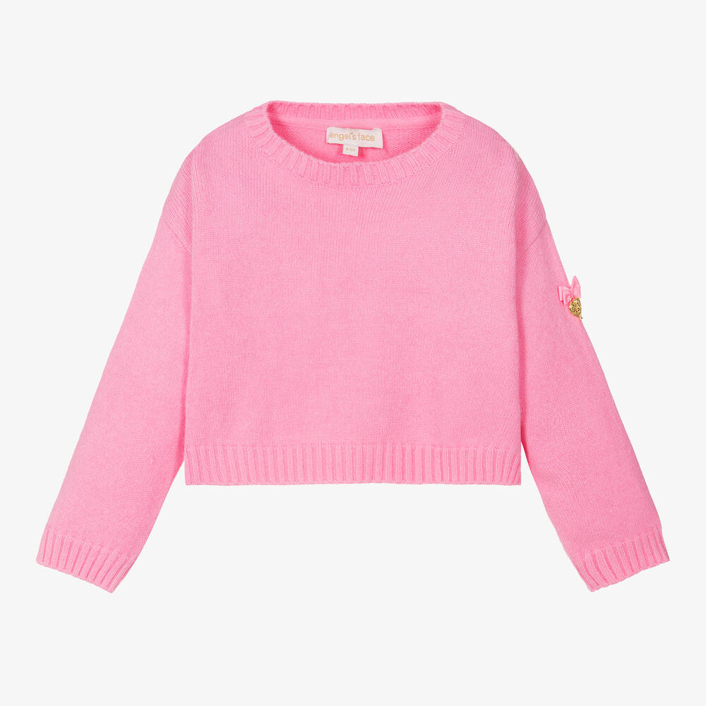 Angel s Face Girls Pink Knit Diamante Butterfly Sweater Childrensalon Outlet