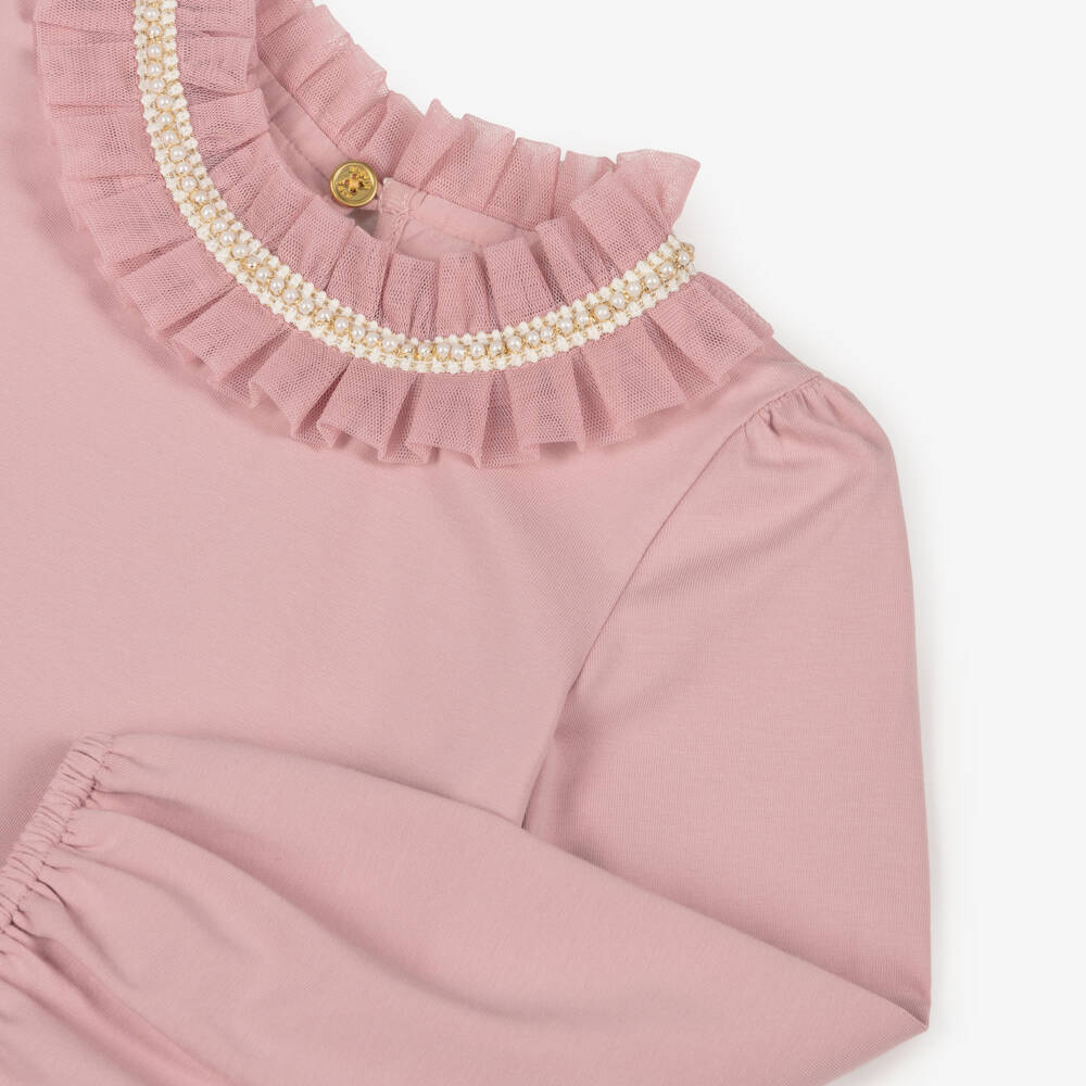 Angel's Face-Girls Pink Pearl & Tulle Collar Cotton Top | Childrensalon Outlet