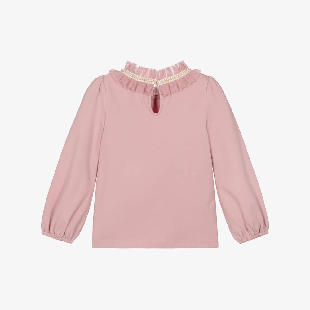 Angel's Face-Girls Pink Pearl & Tulle Collar Cotton Top | Childrensalon Outlet