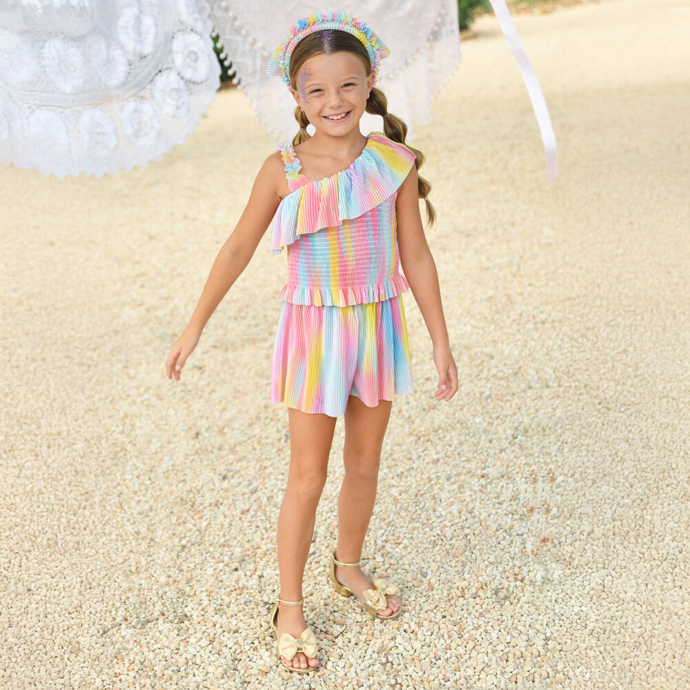 Angel's Face-Girls Pink Rainbow Pleated Shorts Set | Childrensalon Outlet