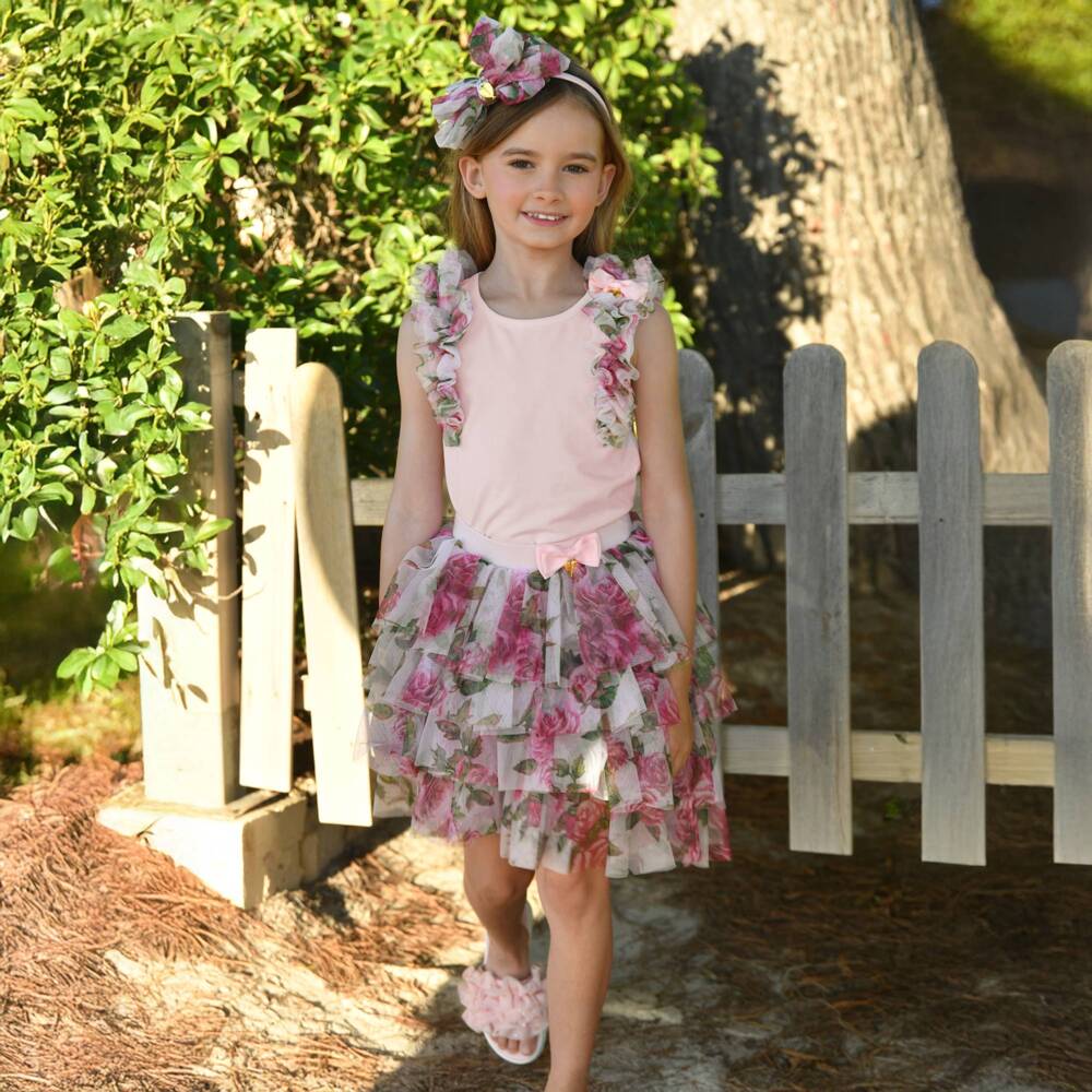 Angel's Face-تنورة تول وردية مزينة بالزهور للبنات | Childrensalon Outlet