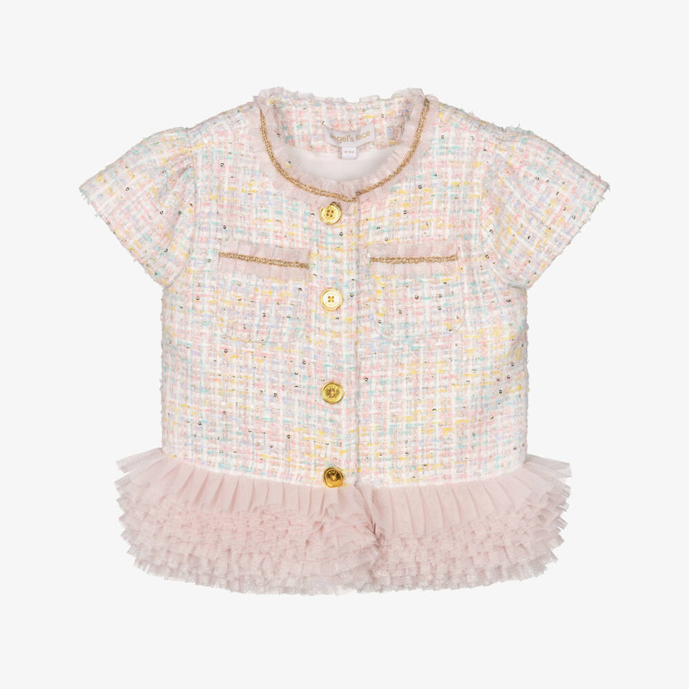 Angel's Face-Girls Pink Tweed Jacket with Tulle Ruffle Trim | Childrensalon Outlet