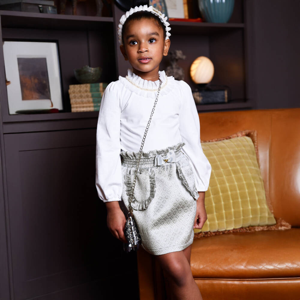 Angel's Face-تنورة جاكار بلاتينية مزينة بالكشاكش للبنات | Childrensalon Outlet