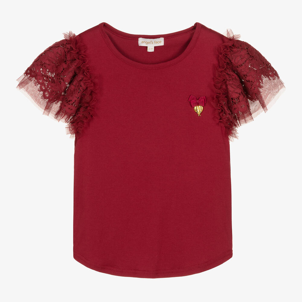 Angel's Face - Girls Red Cotton Lace Sleeve T-Shirt | Childrensalon