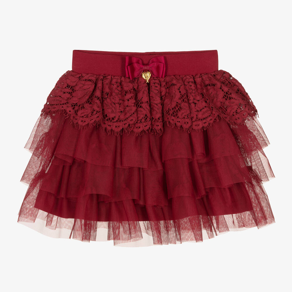 Girls Red Tulle Lace Trim Tutu Skirt