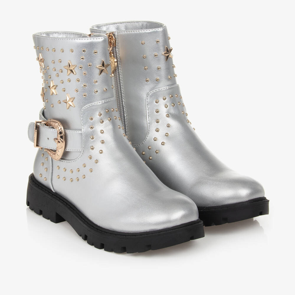 Angel's Face - Girls Silver & Gold Studded Faux Leather Boots | Childrensalon