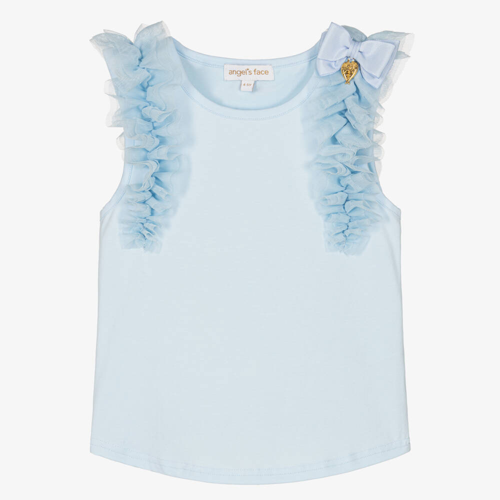 Angel's Face-Girls Tulle-Trimmed Blue Cotton Top | Childrensalon Outlet