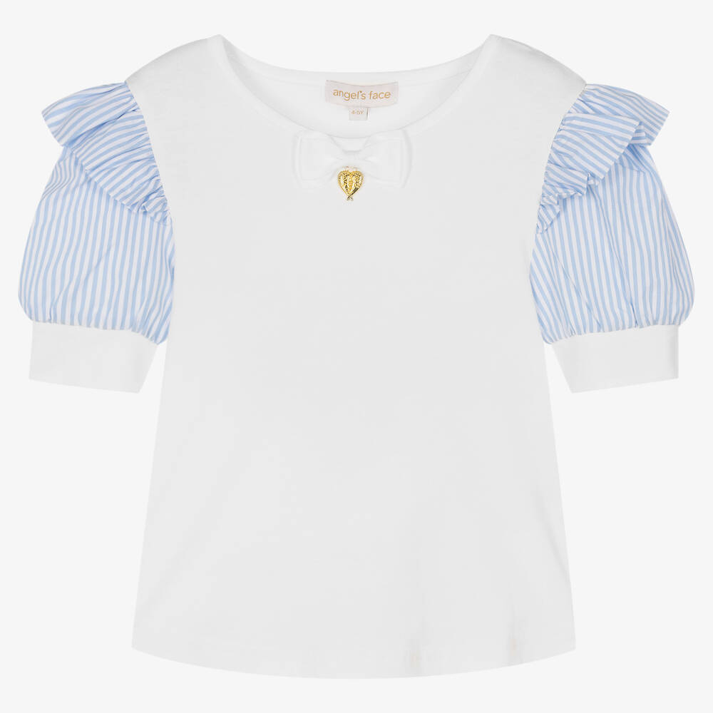 Angel's Face - Girls White & Blue Stripe Sleeve Top | Childrensalon