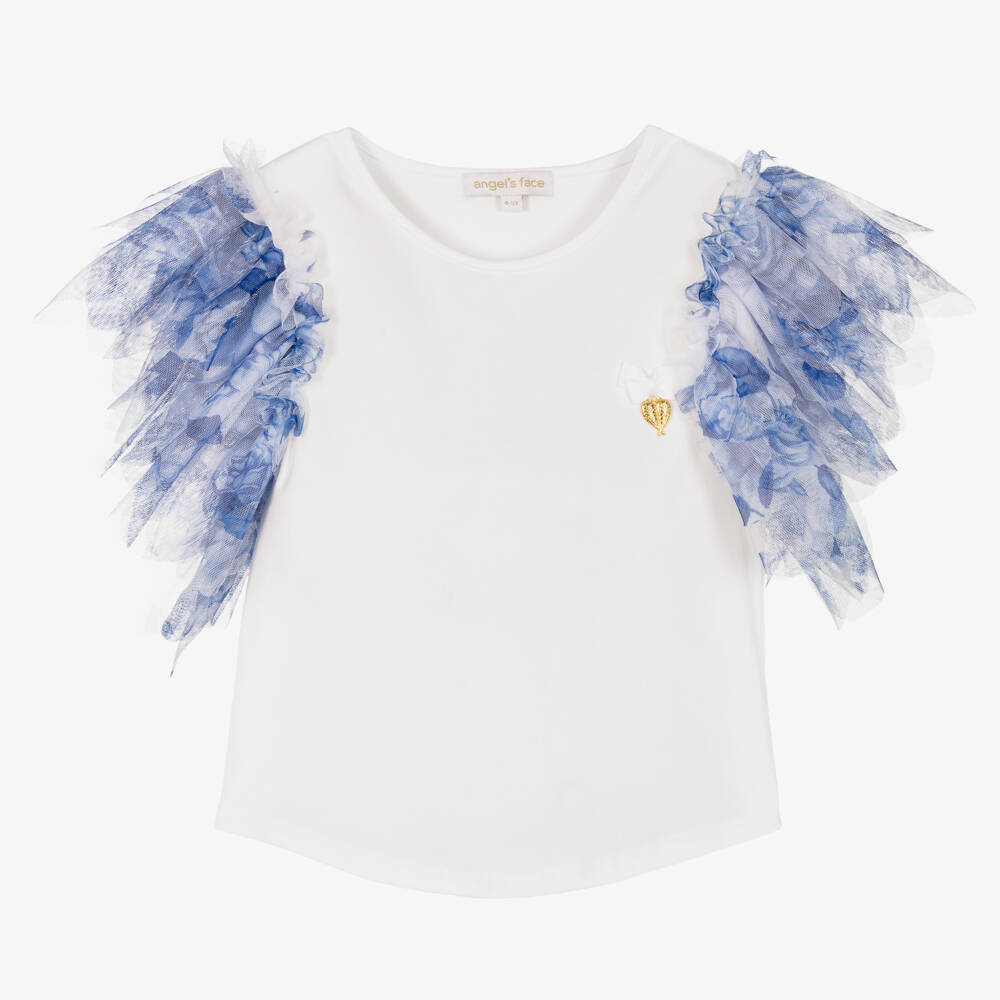 Angel's Face-Girls White & Blue Tulle Sleeve Top | Childrensalon Outlet