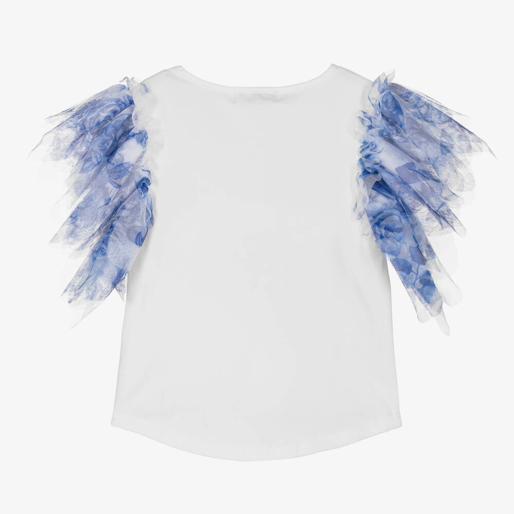 Angel's Face-Girls White & Blue Tulle Sleeve Top | Childrensalon Outlet