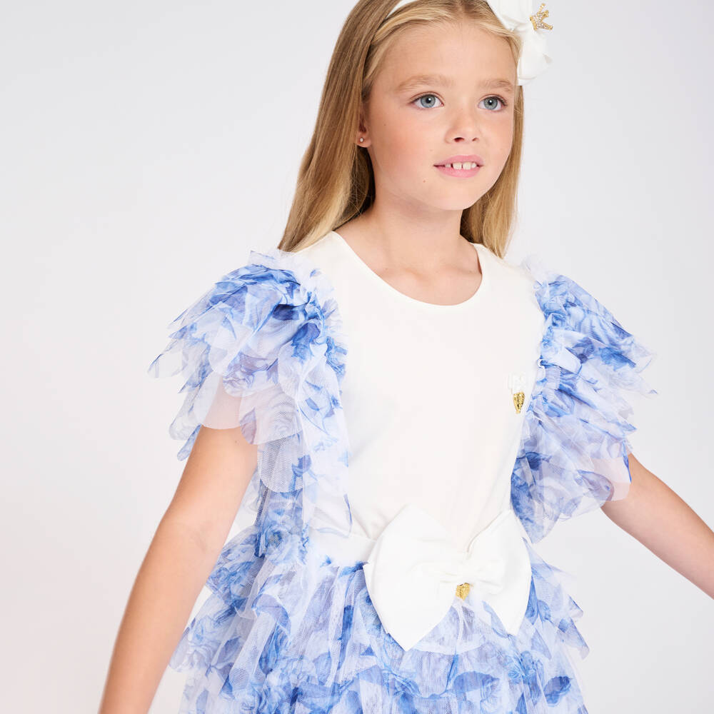 Angel's Face-Girls White & Blue Tulle Sleeve Top | Childrensalon Outlet