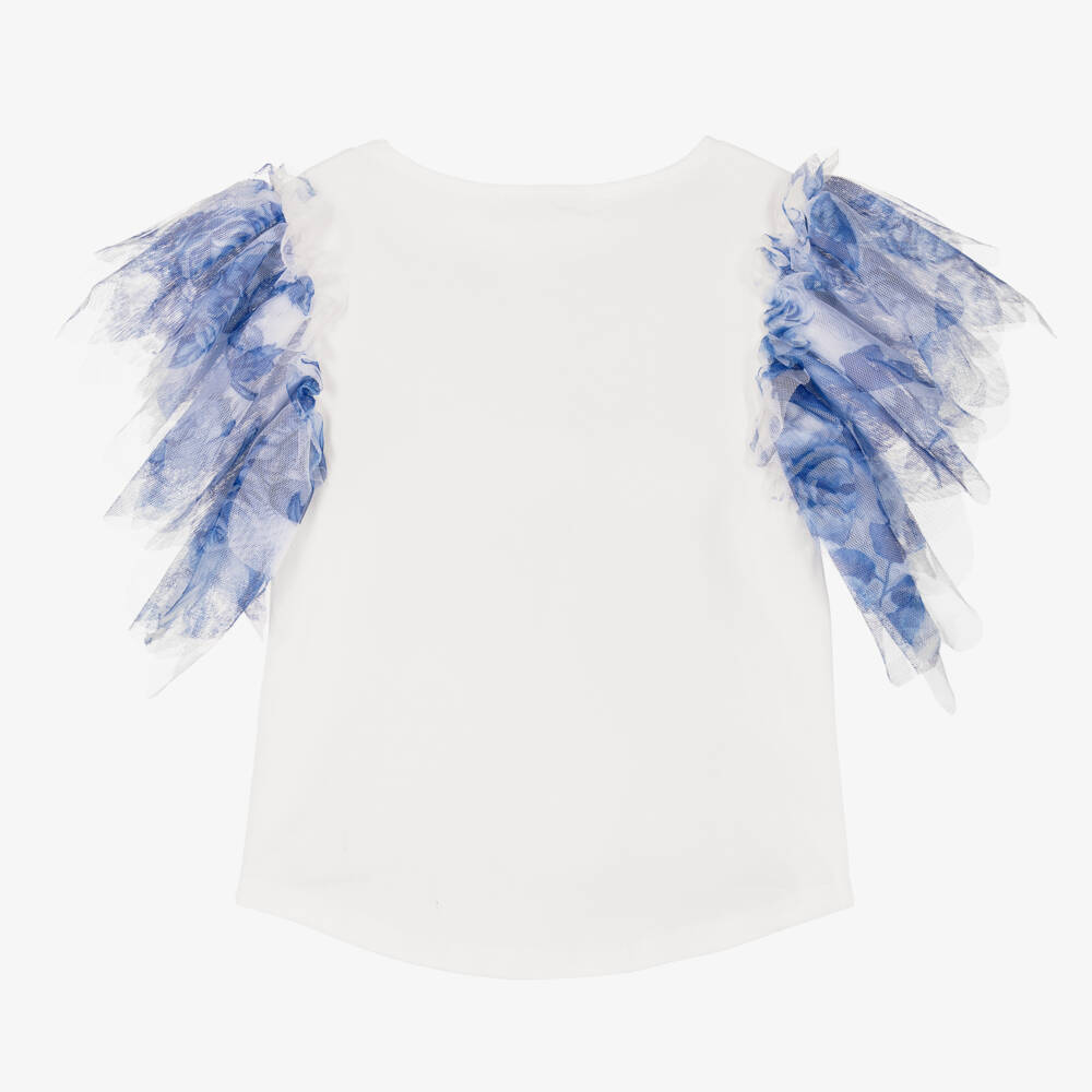 Angel's Face-Girls White & Blue Tulle Sleeve Top | Childrensalon Outlet