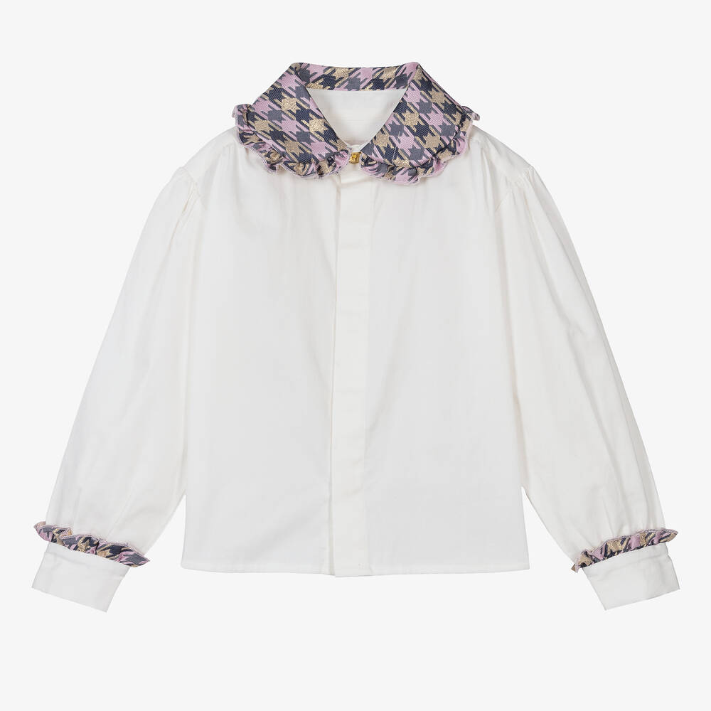 Angel's Face - Girls White & Check Collar Cotton Blouse | Childrensalon