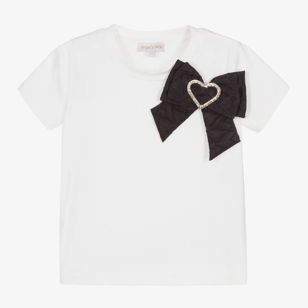Angel's Face - Girls White Cotton Jacquard Heart Bow T-Shirt | Childrensalon