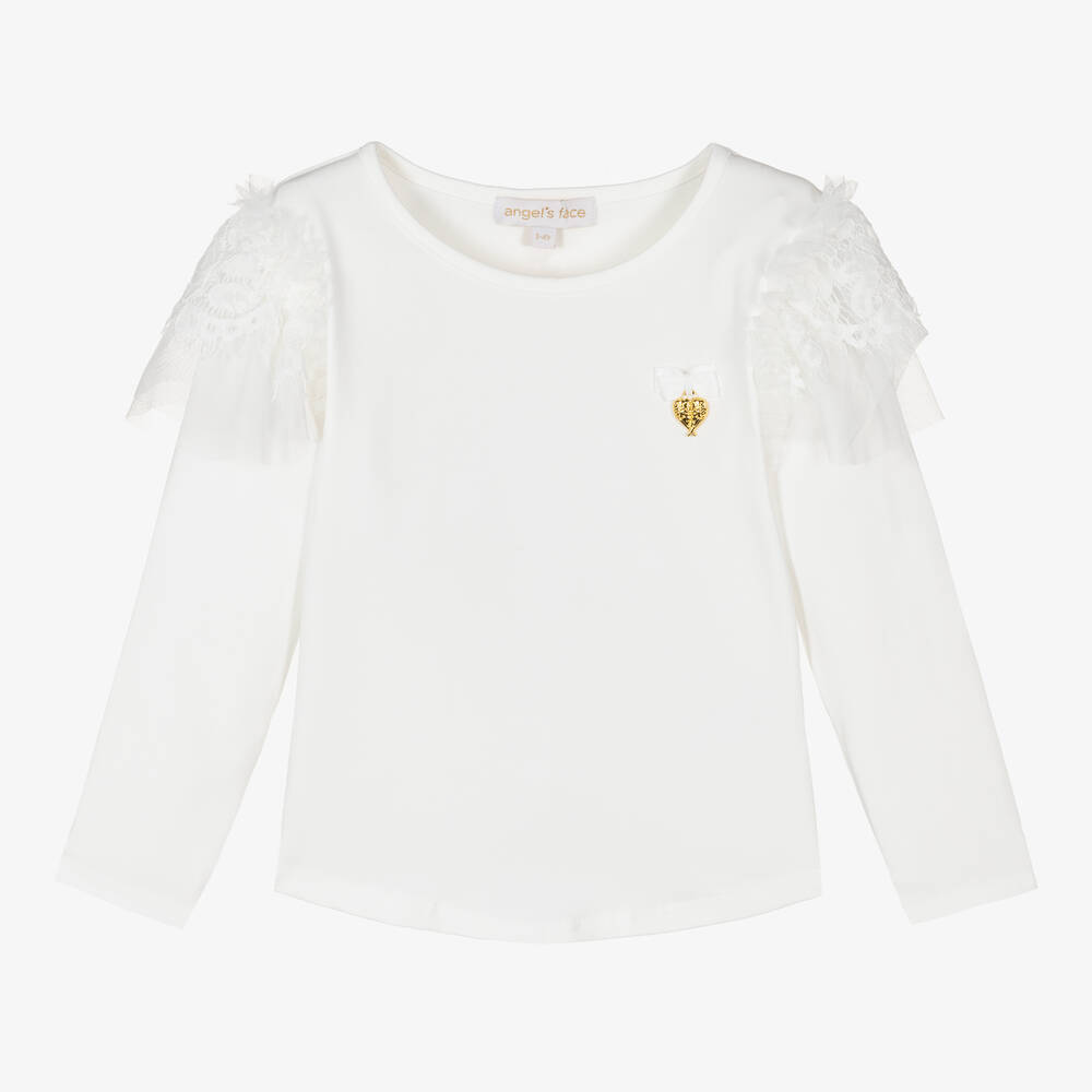 Angel's Face - Girls White Cotton Lace Trim Top | Childrensalon