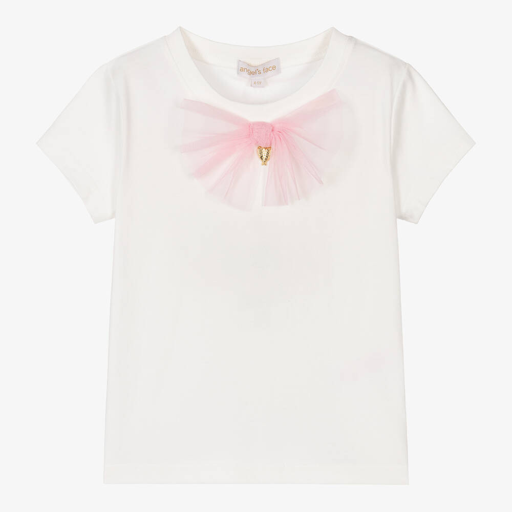 Angel's Face - Girls White Cotton & Pink Bow T-Shirt | Childrensalon