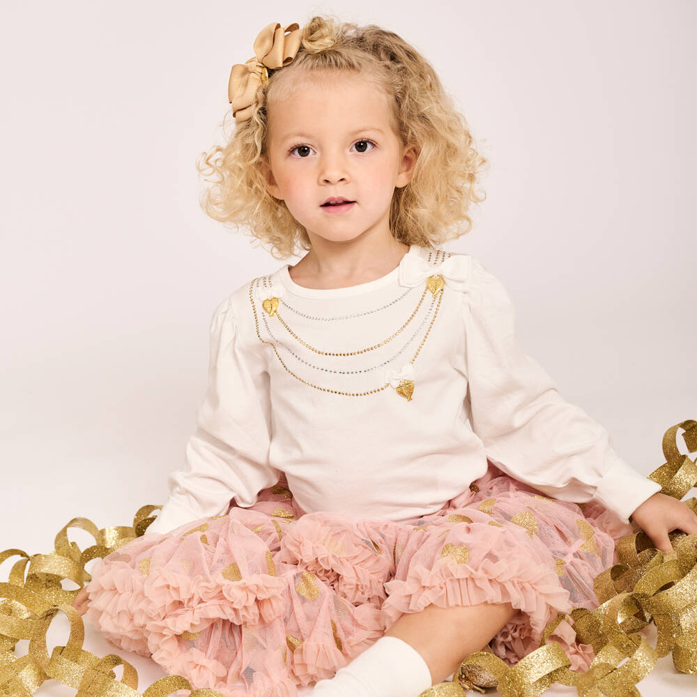 Angel's Face-Girls White Cotton Studded Necklace Top | Childrensalon Outlet