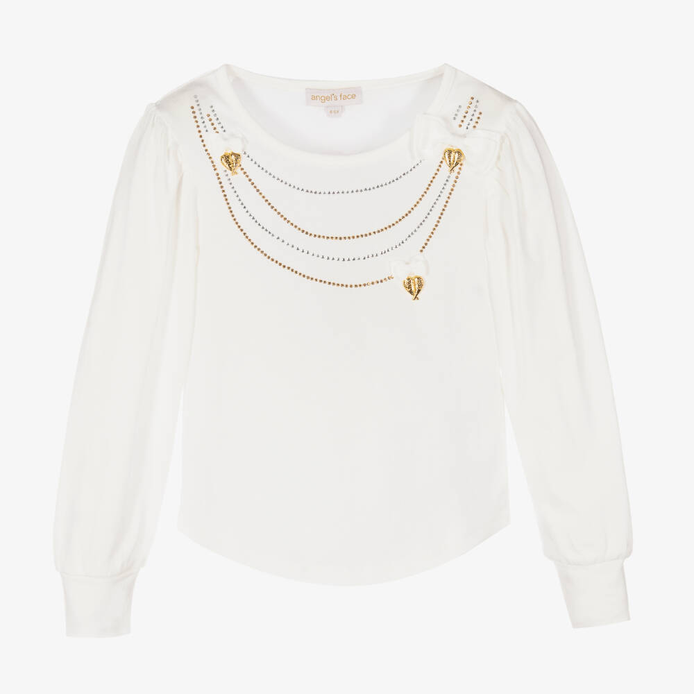 Angel's Face-Girls White Cotton Studded Necklace Top | Childrensalon Outlet