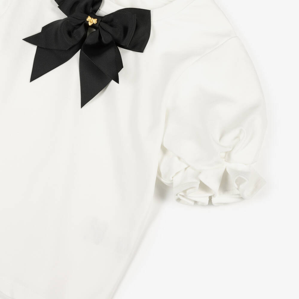 Angel's Face-Girls White Cotton T-Shirt with Black Bow | Childrensalon Outlet