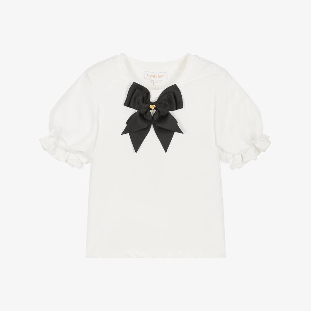 Angel's Face-Girls White Cotton T-Shirt with Black Bow | Childrensalon Outlet