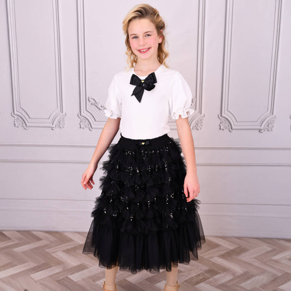 Angel's Face-Girls White Cotton T-Shirt with Black Bow | Childrensalon Outlet