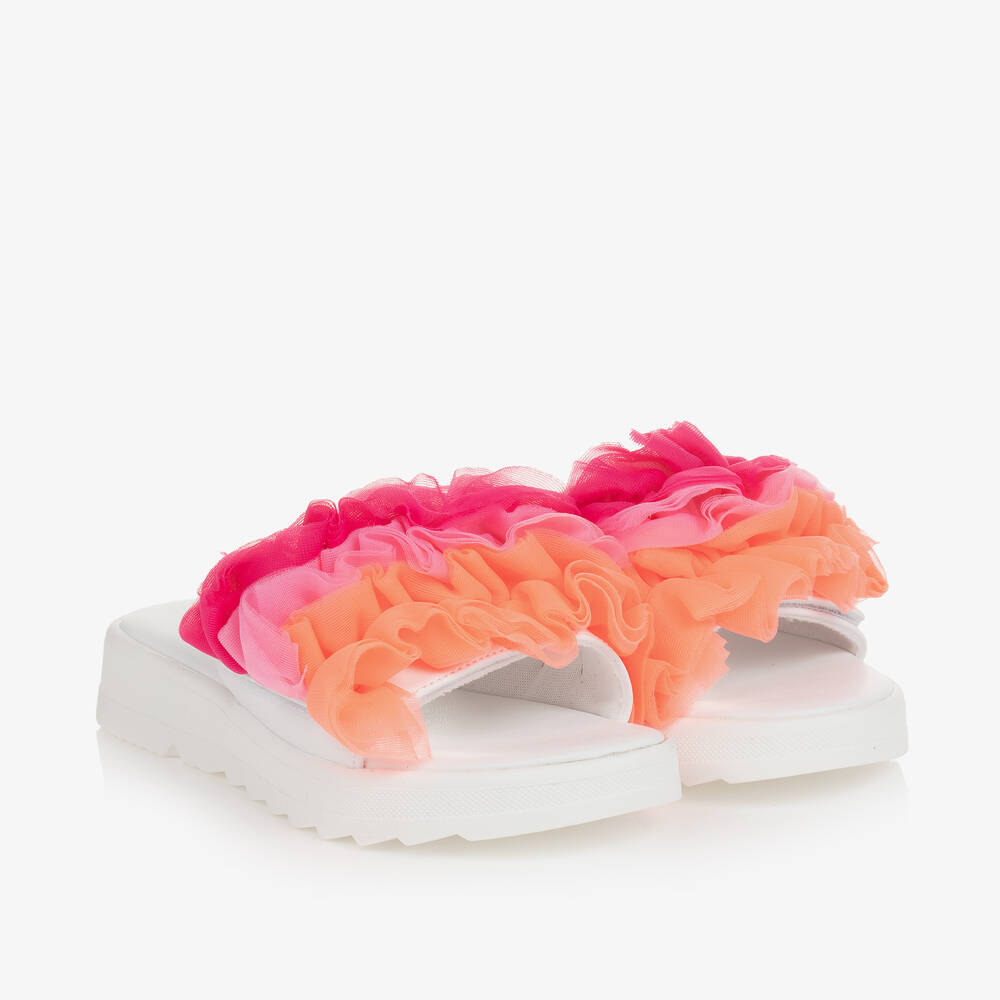 Angel's Face-Girls White & Fuchsia Pink Ruffle Sliders | Childrensalon Outlet