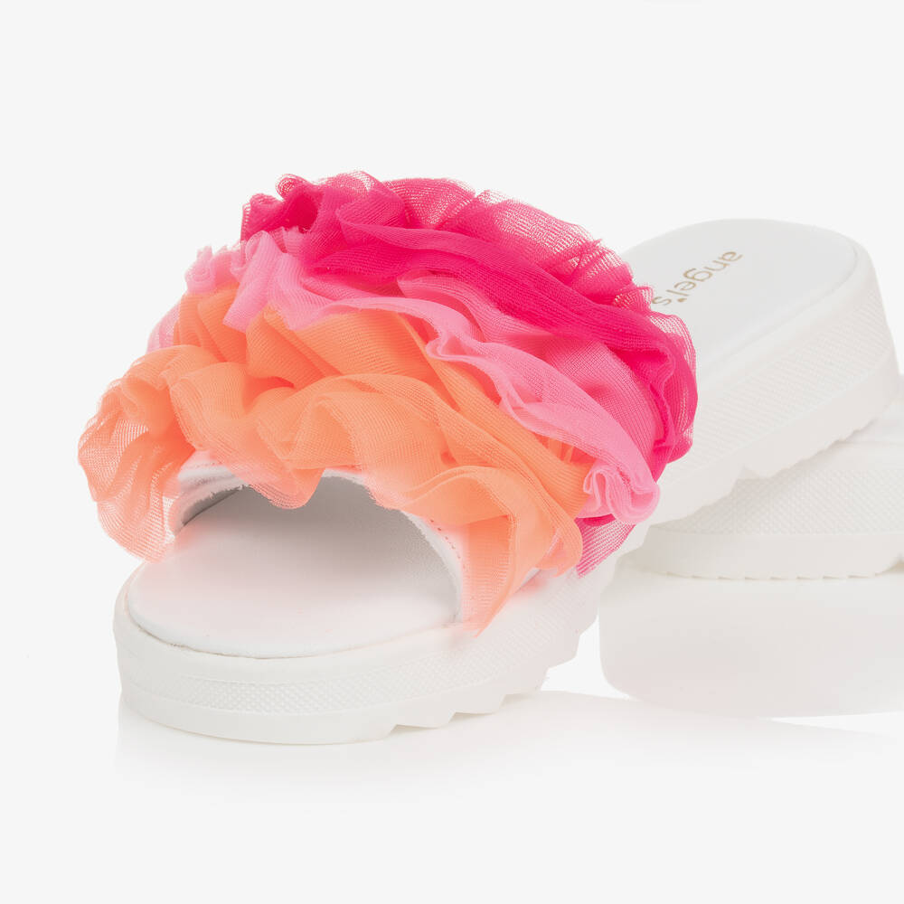 انجلز فيس-شبشب سلايدر جلد صناعي لون أبيض وزهري فيوشيا | Childrensalon Outlet