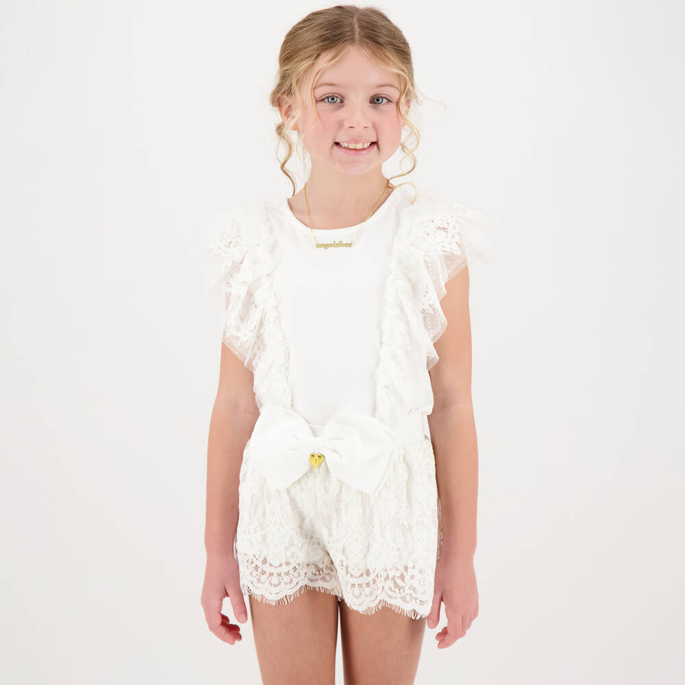 Angel's Face - Girls White Lace & Tulle Sleeve T-Shirt