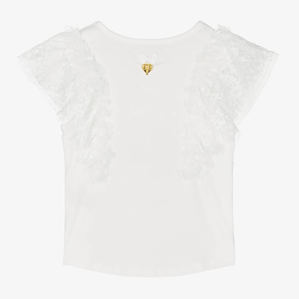 انجلز فيس-تيشيرت قطن جيرسي مزين بتول ودانتيل لون أبيض | Childrensalon Outlet