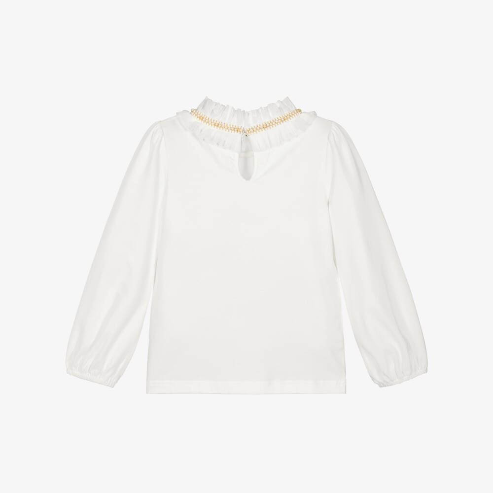 Angel's Face-Girls White Pearl & Tulle Collar Cotton Top | Childrensalon Outlet